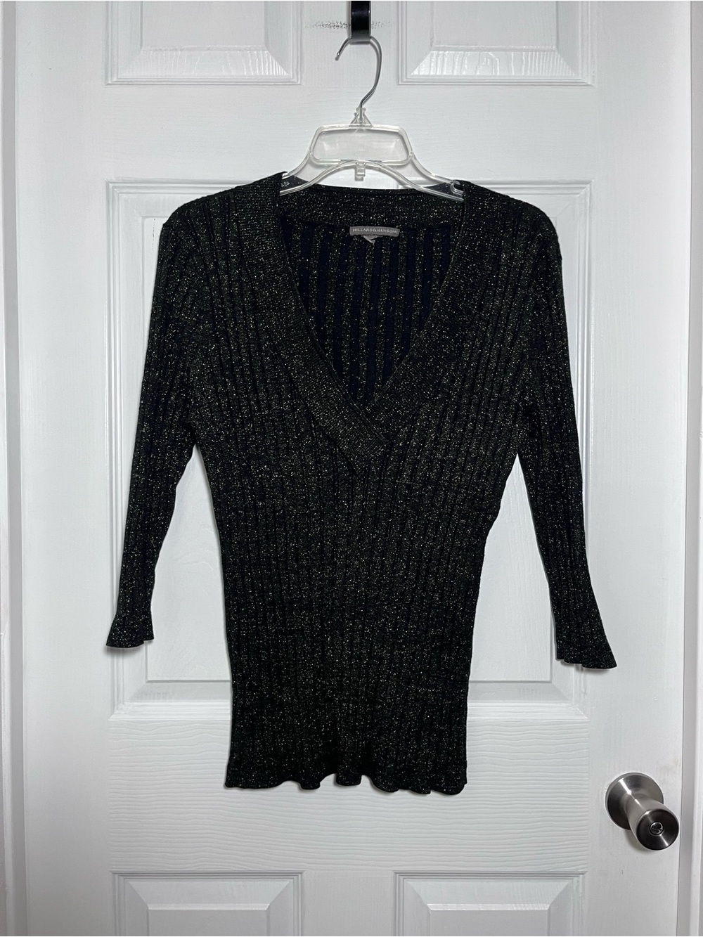 Hillard & Hanson Black V-Neck Ribbed Sweater with Silver Metallic Threads